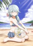  1girl ahoge beach bikini bikini_skirt black_ribbon blue_bikini blue_sky braid brown_eyes cloud day flat_chest full_body grey_hair hair_over_eyes hair_ribbon hamanami_(kantai_collection) island kantai_collection long_hair looking_at_viewer ocean outdoors palm_leaf pleated_skirt ribbon single_braid sitting skirt sky soil_7yi2i2s solo striped striped_bikini swimsuit wariza 