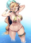  1girl :d alternate_costume armpits arms_up aztec bare_shoulders bikini blonde_hair bracer breasts chin_piercing cleavage curvy facial_mark fate/grand_order fate_(series) feathers food fruit green_eyes hair_feathers halterneck headband highres holding holding_food large_breasts long_hair multicolored multicolored_bikini multicolored_clothes nakamura_regura navel open_mouth quetzalcoatl_(fate/grand_order) side-tie_bikini sidelocks smile sweat swimsuit thick_thighs thighlet thighs very_long_hair wading water watermelon wet wide_hips 