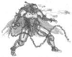  absurd_res ambiguous_gender arm_spikes armor bionicle cape chain chain_weapon claws clothed clothing english_text hi_res holding_object holding_weapon horn humanoid karzahni_(bionicle) lego machine marine mask melee_weapon monochrome open_mouth robot sea_squid_(rahi) shoulder_spikes simple_background sketch solo spikes standing text that1cactus thick_thighs traditional_media_(artwork) weapon white_background 