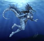  animal_humanoid blue_body blue_eyes blue_skin breasts bubble female fin genitals growingdragon hair humanoid looking_at_viewer marine marine_humanoid mythical_creature nipples nude plantigrade solo stripes underwater undine water 