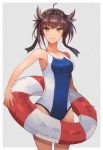  1girl border brown_hair competition_swimsuit cowboy_shot grey_background hair_flaps hatsuzuki_(kantai_collection) innertube kantai_collection kasumi_(skchkko) looking_at_viewer one-piece_swimsuit short_hair solo swimsuit two-tone_background two-tone_swimsuit white_border yellow_eyes 