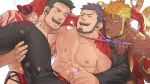  3boys abs bara beard black_hair blush can chest facial_hair from_side gyee hand_on_another&#039;s_thigh highres male_focus master_(gyee) minamoto_no_raikou_(gyee) multicolored_hair multiple_boys muscle necktie necktie_grab neckwear_grab nipples nywlub open_clothes orange_eyes pectorals pointy_ears priapus_(gyee) purple_hair revealing_clothes simple_background smile tattoo undressing_another upper_body 