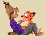  2020 anthro brown_body brown_eyes brown_fur brown_spots cheek_tuft cheetah clothed clothing duo ear_tuft eye_contact facial_tuft felid feline fully_clothed fur head_tuft hi_res looking_at_another lynx mammal marc_(theblueberrycarrots) orange_body orange_fur side_view simple_background smile spots spotted_body spotted_fur stephie_(fraydia1) tan_background theblueberrycarrots tuft 