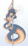  absurd_res blue_body blue_hair blue_scales breasts dancing fangs female green_eyes hair hi_res humanoid lamia lilytharts living_tail long_hair looking_away navel nipples open_mouth pole pole_dancing raised_arm reptile scales scalie serpentine simple_background snake snake_tail solo white_background 