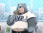  2020 animal_crossing anthro bearwivme belly bottomwear clothing curt_(animal_crossing) hi_res humanoid_hands male mammal nintendo overweight overweight_male pants shirt solo tongue tongue_out topwear ursid video_games 