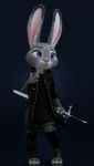  2020 3d_(artwork) anthro black_clothing blue_background claws clothing coat digital_media_(artwork) disney ears_up eyebrows eyelashes female fingers fur grey_body grey_fur hi_res holding_object holding_weapon judy_hopps lagomorph legwear leporid long_ears looking_up mammal melee_weapon melo multicolored_body multicolored_ears multicolored_fur pink_nose purple_eyes rabbit simple_background smile solo standing sword tights toe_claws toeless_legwear toes topwear weapon white_body white_fur zootopia 