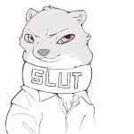  1:1 2020 anthro cheek_tuft clothed clothing colalr disney english_text facial_tuft fur head_tuft mammal marty_(weaver) monochrome mustela mustelid musteline pack_street replytoanons simple_background solo stoat text tuft white_background zootopia 