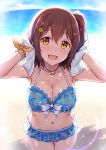  1girl armpits arms_up bangs beach bikini blue_bikini blue_sky blush bracelet breasts brown_hair cai_geng collarbone highres idolmaster idolmaster_million_live! jewelry kasuga_mirai looking_at_viewer medium_breasts microskirt navel one_side_up open_mouth shore short_hair skirt sky smile sparkle swimsuit towel wet yellow_eyes 