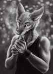  2020 anthro canid canine canis clothed clothing coyote detailed fur greyscale half-length_portrait hi_res kebi looking_at_viewer male mammal monochrome portrait shirt smoking solo tank_top topwear whiskers 