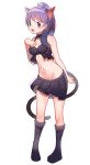  1girl animal_ears bangs bare_arms bare_shoulders black_bra black_skirt blush boots bra breasts cat_ears cat_tail collarbone commentary eyebrows_visible_through_hair harukagi long_hair looking_at_viewer medium_breasts navel open_mouth original pleated_skirt ponytail purple_eyes purple_footwear purple_hair simple_background skirt solo tail underwear white_background 