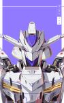  absurdres azzalea character_name close-up commentary gundam gundam_bael gundam_tekketsu_no_orphans highres looking_at_viewer mecha no_humans pink_eyes purple_background solo translated upper_body v-fin 