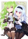  2girls black_choker black_gloves black_hairband black_jacket black_neckwear black_shorts black_skirt blue_hair breasts brown_eyes brown_legwear choker closed_mouth collared_shirt commentary_request elbow_gloves girls_frontline gloves green_hair hairband hand_up haradaiko_(arata_himeko) highres holding jacket long_hair long_sleeves m950a_(girls_frontline) multiple_girls neck_ribbon off_shoulder open_clothes open_fly open_jacket open_shorts pantyhose parted_lips pleated_skirt pointing puffy_short_sleeves puffy_sleeves red_eyes red_ribbon ribbon shirt short_shorts short_sleeves shorts sitting skirt small_breasts smile thighhighs thunder_(girls_frontline) twintails very_long_hair white_shirt 