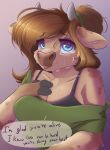  anthro ardail blue_eyes bodily_fluids bovid bovine breasts brown_eyes cattle cleavage clothed clothing crying dialogue english_text female horn mammal mocha_latte simple_background solo tears text 