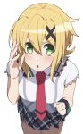  1girl akatsuki_kirika blonde_hair blush breasts green_eyes hair_ornament leaning_forward looking_at_viewer lydian_academy_uniform medium_breasts necktie open_mouth red_neckwear school_uniform scrunchie senki_zesshou_symphogear shiny shiny_hair shiny_skin shirt short_hair short_sleeves simple_background skirt solo standing tsukamoto_kensuke white_background x_hair_ornament 