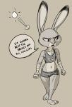  2020 anthro barefoot bottomwear clothed clothing crop_top dialogue dipstick_ears disney english_text female fully_clothed fur grey_background hi_res hotpants judy_hopps lagomorph leporid mammal midriff multicolored_ears navel rabbit samur_shalem shirt shorts simple_background solo speech_bubble standing text topwear zootopia 