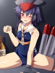  1girl asymmetrical_hair black_hair black_swimsuit bottle breasts brown_neckwear cup drunk framed_breasts gloves hair_between_eyes headphones highres holding holding_cup i-14_(kantai_collection) kantai_collection neckerchief partly_fingerless_gloves red_eyes sailor_collar school_swimsuit sebunsu short_hair single_glove sitting small_breasts solo spread_legs swimsuit torpedo 