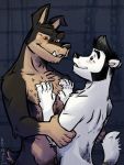  3:4 anthro anthro_on_anthro blush buddy_thunderstruck_(character) buddy_thunderstruck_(series) canid canine canis chest_rub chest_tuft darnell_(buddy_thunderstruck) domestic_dog domestic_ferret duo fur hair hairy hi_res hug k-9 male male/male mammal mustelid musteline nude romantic romantic_couple simple_background smile true_musteline tuft underbite weasel whiskers white_body 