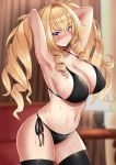  1girl absurdres armpits arms_behind_head arms_up bare_arms bare_shoulders bikini black_bikini black_legwear black_ribbon blonde_hair blurry blurry_background blush breasts clenched_teeth cowboy_shot depth_of_field drill_hair hair_intakes highres large_breasts long_hair navel nose_blush open_mouth original purple_eyes ribbon rokita side-tie_bikini solo stomach sweat swimsuit teeth thighhighs twintails v-shaped_eyebrows wet 