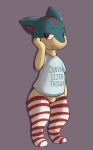  2017 anthro biped bottomless cindy_(cindyquilava) clothed clothing english_text female flat_chested genitals hi_res legwear looking_off_screen nintendo no_underwear partially_clothed pattern_clothing pattern_legwear pok&eacute;mon pok&eacute;mon_(species) pussy quilava red_eyes shirt simple_background smile solo standing stockings striped_clothing striped_legwear striped_stockings stripes teeth text thigh_highs topwear vandalistpikachu video_games 