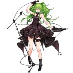  1girl alternate_costume bangs bare_shoulders black_dress black_footwear black_gloves boots calico_m950 dress eyebrows_visible_through_hair floating_hair full_body girls_frontline gloves green_hair grin gun hair_between_eyes holding holding_gun holding_microphone holding_weapon infukun leg_garter long_hair looking_at_viewer m950a_(girls_frontline) microphone microphone_stand official_art parted_lips shadow sidelocks smile solo standing teeth transparent_background twintails weapon yellow_eyes 