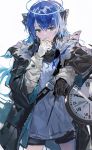  1girl alchemaniac arknights blue_eyes blue_hair clock elbow_rest fur-trimmed_jacket fur_trim gloves halo highres horns jacket long_hair mismatched_gloves mostima_(arknights) shorts smile wand white_background 