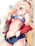  1girl bandeau bangs belt blonde_hair blue_shorts breasts closed_mouth clothes_lift denim denim_shorts fate/apocrypha fate/grand_order fate_(series) green_eyes highres jacket jewelry long_hair long_sleeves looking_at_viewer mordred_(fate) mordred_(fate)_(all) mozu_(peth) navel necklace nipples off_shoulder open_clothes open_fly open_jacket parted_bangs ponytail red_jacket scrunchie short_shorts shorts small_breasts spoken_squiggle squiggle thighs 