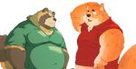  2020 anthro barely_visible_genitalia barely_visible_penis belly blush brown_body brown_fur canid canine canis clothing cromren domestic_dog duo eyes_closed fur genitals kemono male male/male mammal overweight overweight_male penis raccoon_dog shirt simple_background tanuki topwear white_background 