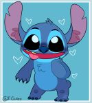 &lt;3 2020 4_fingers alien ambiguous_gender black_eyes blue_background blue_border blue_claws blue_nose blush border chest_tuft claws disney experiment_(lilo_and_stitch) fingers hand_on_face head_tuft hi_res inner_ear_fluff lilo_and_stitch looking_at_viewer notched_ear open_mouth open_smile outside_border signature simple_background small_tail smile solo standing stitch_(lilo_and_stitch) t-whiskers tongue tongue_out tuft 