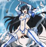  1girl arms_up asanaya bakuzan bangs black_hair blue_eyes boots breasts cleavage cloud commentary_request day from_below highres holding holding_weapon junketsu kamui_(kill_la_kill) kill_la_kill kiryuuin_satsuki legs_apart long_hair navel open_mouth outdoors rock sky sparkle teeth thigh_boots thighhighs tongue v-shaped_eyebrows weapon wind 