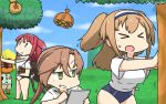  1other 3girls adapted_costume ahoge akigumo_(kantai_collection) asymmetrical_bangs bangs blue_sky blue_swimsuit braid brown_hair cloud commentary_request covered_navel crossover dated day doubutsu_no_mori green_eyes hair_flaps hair_ribbon hairband hamu_koutarou highres i-26_(kantai_collection) kantai_collection kawakaze_(kantai_collection) light_brown_hair long_hair low_twintails multiple_girls new_school_swimsuit outdoors ponytail pushing red_hair remodel_(kantai_collection) ribbon scarf school_swimsuit shirt sidelocks sky swimsuit swimsuit_under_clothes t-shirt tanukichi_(doubutsu_no_mori) tree twin_braids twintails two_side_up very_long_hair white_scarf white_shirt yellow_eyes 