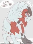  ? ambiguous_gender anthro backpack biped black_body black_fur bodily_fluids canid canine cheek_tuft chest_tuft claws digitigrade facial_tuft finger_claws fur grey_background hand_on_face handpaw hi_res holding_object lycanroc mammal midnight_lycanroc multicolored_body multicolored_fur nintendo paws pok&eacute;mon pok&eacute;mon_(species) red_body red_eyes red_fur ringed_eyes scut_tail shadow simple_background solo standing sweat tears text thought_bubble toe_claws tuft video_games white_body white_fur じゅうっとん 