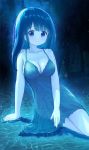  1girl arm_support bangs bare_arms bare_shoulders blue_hair blush breasts cleavage closed_mouth collarbone commentary_request dress eyebrows_visible_through_hair groin highres long_hair medium_breasts mimikaki_(men_bow) navel no_pants original purple_eyes see-through shallow_water sleeveless sleeveless_dress smile solo water 