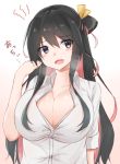  88942731ne black_hair breasts cleavage fang kantai_collection large_breasts long_hair multicolored_hair naganami_(kantai_collection) open_clothes pink_hair simple_background two-tone_hair unbuttoned unbuttoned_shirt 