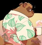  2020 animal_crossing anthro belly beverage black_nose brown_body brown_fur canid canine clothing coffee fur hi_res kokuhane male mammal nintendo overweight overweight_male raccoon_dog shirt solo tanuki tom_nook_(animal_crossing) topwear video_games 