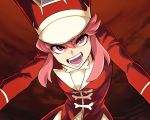  1girl bangs commentary_request eyelashes hair_between_eyes hat jakuzure_nonon kill_la_kill open_mouth outstretched_arms pink_eyes pink_hair red_background red_headwear sidelocks solo soyasengoku teeth tongue uniform v-shaped_eyebrows 