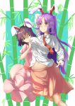  2girls absurdres animal_ears arm_behind_head bamboo bamboo_forest blush breast_grab breasts brown_hair bunny_ears bunny_girl commentary_request dress forest frown grabbing grabbing_from_behind highres holding_arm inaba_tewi kuma-ra long_hair long_sleeves looking_at_breasts medium_breasts medium_hair midriff multiple_girls nature necktie partially_unbuttoned pink_dress pink_skirt pleated_skirt puffy_short_sleeves puffy_sleeves purple_hair red_eyes reisen_udongein_inaba ribbon-trimmed_dress shaded_face shirt short_sleeves skirt small_breasts stomach surprised touhou very_long_hair wavy_mouth white_shirt yuri 