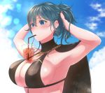  1girl aa_yori arms_up bikini black_bikini blue_eyes blue_hair blue_sky breasts bubble_tea_challenge byleth_(fire_emblem) byleth_(fire_emblem)_(female) cleavage cloud drinking drinking_straw fire_emblem fire_emblem:_three_houses fire_emblem_heroes glass highres large_breasts object_on_breast sky solo swimsuit upper_body 