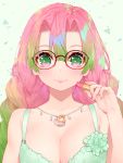  1girl aqua_background aqua_bra bangs bare_arms bare_shoulders bespectacled blush bra braid breasts cleavage closed_mouth collarbone glasses gradient_hair green_eyes green_hair hair_between_eyes heart heart_necklace highres holding_lipstick_tube jewelry kanroji_mitsuri kimetsu_no_yaiba large_breasts lipstick_tube long_hair looking_at_viewer multicolored multicolored_eyes multicolored_hair necklace pink_eyes pink_hair red-framed_eyewear simple_background skindentation smile solo triangle twin_braids underwear underwear_only upper_body waterring 