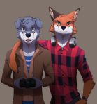  anthro arm_around_shoulders brown_eyes camera canid canine canis clothing coat domestic_dog duo folded_ears fox friends green_eyes headphones heterochromia jacket male mammal mountain_aj shirt smile topwear unknown_artist 