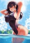  1girl armpits arms_behind_head bangs black_hair blue_sky blush breasts cloud competition_swimsuit covered_navel covered_nipples hair_between_eyes highres kawai long_hair one-piece_swimsuit open_mouth original partially_submerged pool purple_eyes sky solo swimsuit teeth upper_teeth 