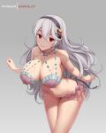  1girl alternate_breast_size artist_name bangs bare_arms bare_shoulders black_hairband breasts cleavage closed_mouth collarbone corrin_(fire_emblem) corrin_(fire_emblem)_(female) dakkalot fire_emblem fire_emblem_fates fire_emblem_heroes hair_between_eyes hairband large_breasts layered_bikini leaning_forward long_hair looking_at_viewer navel red_eyes see-through shell shell_bikini silver_hair smile solo starfish_hair_ornament stomach thighs very_long_hair 