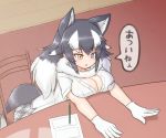  1girl animal_ear_fluff animal_ears black_hair blue_eyes breasts cleavage commentary eyebrows_visible_through_hair fur_collar gloves grey_wolf_(kemono_friends) heterochromia indoors kemono_friends large_breasts looking_away mo23 multicolored_hair open_mouth sitting solo speech_bubble tail translation_request two-tone_hair white_gloves white_hair wolf_ears wolf_girl wolf_tail yellow_eyes 