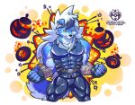  2019 abs anthro belt biceps canid canine canis cheong_hwan clothed clothing digital_media_(artwork) fingerless_gloves food fruit fur gloves hair halloween halloween_2019 handwear holidays lycanroc male mammal multicolored_body multicolored_fur muscular muscular_anthro muscular_arms muscular_male nintendo pecs plant pok&eacute;mon pok&eacute;mon_(species) pumpkin simple_background solo text video_games wolf wolfmalro 