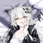  1girl animal_ears arknights bed_sheet black_jacket black_nails breasts cameo chinese_commentary collarbone dakimakura eyebrows_visible_through_hair fangs fingerless_gloves from_above gloves hair_between_eyes hair_ornament hairclip hand_on_own_cheek jacket jiushi_shijiu lappland_(arknights) lips long_hair looking_at_viewer lying medium_breasts nail_polish on_back open_clothes open_jacket open_mouth photo_(object) pillow scar scar_across_eye shirt silver_eyes silver_hair smile solo texas_(arknights) upper_body white_gloves white_shirt wolf_ears 