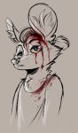  2020 african_wild_dog anthro blood bodily_fluids canid canine clothing fur inner_ear_fluff juantriforce mammal milo_(juantriforce) neck_tuft shirt simple_background solo tank_top topwear tuft wounded 