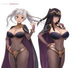  2girls :d artist_name bangs black_cape black_hair black_nails blunt_bangs bodystocking bracelet breasts brown_eyes cape circlet cleavage cleavage_cutout closed_mouth cosplay covered_navel cowboy_shot dakkalot finger_to_mouth fingernails fire_emblem fire_emblem_awakening forehead hand_on_hip hand_up jewelry large_breasts loincloth long_fingernails long_hair looking_at_viewer multiple_girls nail_polish open_mouth robin_(fire_emblem) robin_(fire_emblem)_(female) silver_hair simple_background skin_tight smile straight_hair tharja_(fire_emblem) tharja_(fire_emblem)_(cosplay) twintails two_side_up white_background 