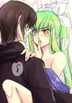  ... 1boy 1girl 2018 bangs black_kimono blue_kimono bow brown_hair c.c. code_geass collarbone dated eye_contact eyebrows_visible_through_hair girl_on_top green_hair hair_between_eyes hair_bow japanese_clothes kimono lelouch_lamperouge long_hair looking_at_another musical_note off_shoulder purple_eyes roman_buriki shiny shiny_hair signature sketch speech_bubble sweatdrop twintails very_long_hair white_bow yellow_eyes 