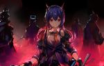  absurdres arknights bangs black_gloves blue_hair ch&#039;en_(arknights) eyebrows gloves highres horns huge_filesize jacket looking_at_viewer medium_hair necktie red_eyes sleeves solo_focus wawazi 