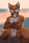  2020 2:3 5_fingers abs anthro athletic black_nose brown_body brown_fur canid canine clothed clothing day detailed_background digital_media_(artwork) fingers fox fur koul male mammal outside sky solo topless white_body white_fur 