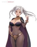  1girl :d black_cape black_nails bodystocking bracelet breasts brown_eyes cape cleavage cleavage_cutout cosplay covered_navel cowboy_shot dakkalot fingernails fire_emblem fire_emblem_awakening forehead hand_on_hip hand_up jewelry large_breasts loincloth long_fingernails long_hair looking_at_viewer nail_polish open_mouth robin_(fire_emblem) robin_(fire_emblem)_(female) silver_hair simple_background skin_tight smile solo tharja_(fire_emblem) tharja_(fire_emblem)_(cosplay) twintails white_background 